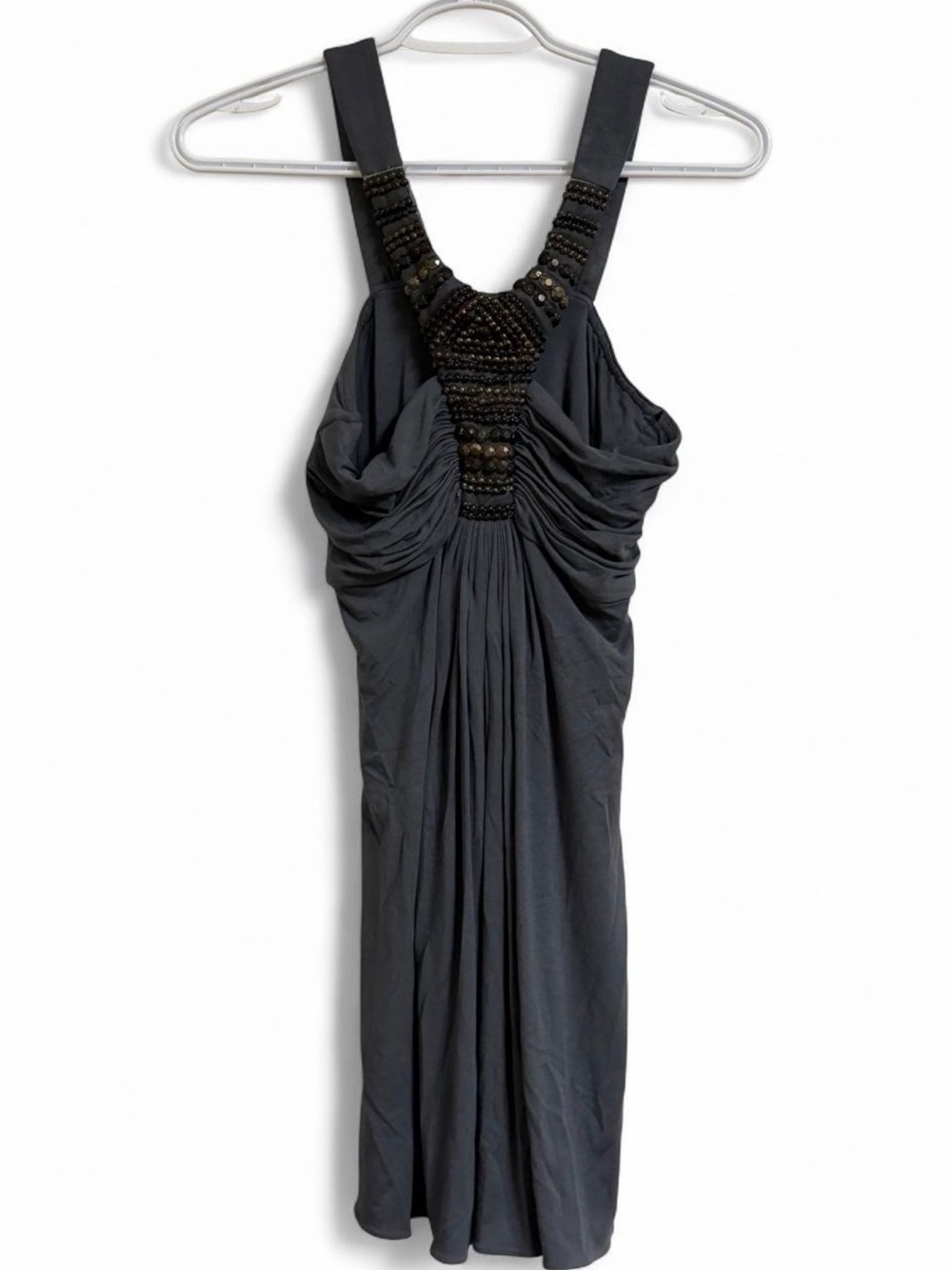 Sky Black Beaded Ruched Midi Dress